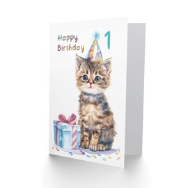 Artery8 1st Birthday Card Cute Baby Cat Kitten Party Hat Kids Age 1 Year Old Child For Son Daughter Girl Boy Happy Card