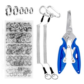 Waltool 203Pcs [5 Sizes] Fishing Split Rings Assortment Kit with Fishing Pliers and Fishing Lanyard, Stainless Steel Double Flat Lure Tackle Connector 30lb to 120lb Test for Trolling Jigging Offshore