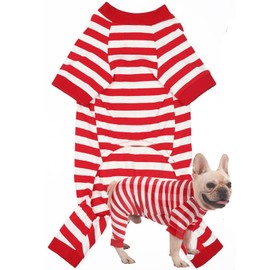 Caslfuca Dog Pajamas for Large Dogs, Cotton Thermal Dog Pjs Jumpsuit with Cover Legs Christmas Puppy Clothes, Striped Onesie Dog Suit for Small Medium Large Dogs (Large, Redwhite)