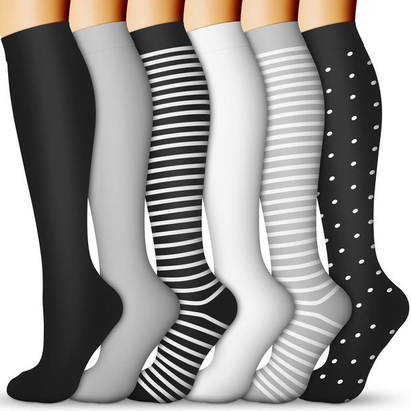 QUXIANG Calcetines de compresión para mujeres y hombres, 15-20 mmHg, los mejores para médicos, enfermería, correr, atletismo, venas varicosas, viajes, 0 Negro/Blanco/Negro/Gris/Negro/Blanco, Large-X-Large