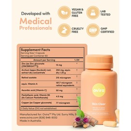 Ovira Skin Clear with ZINCBRIGHT - 60 Capsules for Clear & Glowing Skin | Rosacea & Hormonal Acne Treatment with Vitamin C | Support Collagen Production | Acne Supplements for Women & Men - Pack of 1