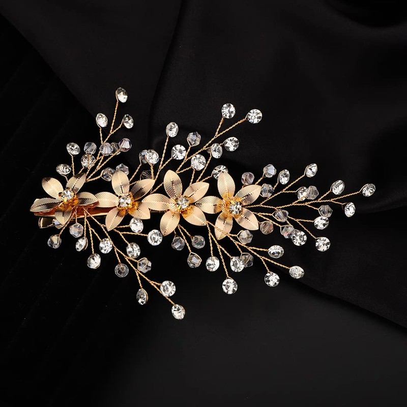 Teyglen Rhinestone Bride Hair Clip Flower Hair Barrettes Bridal Gold
