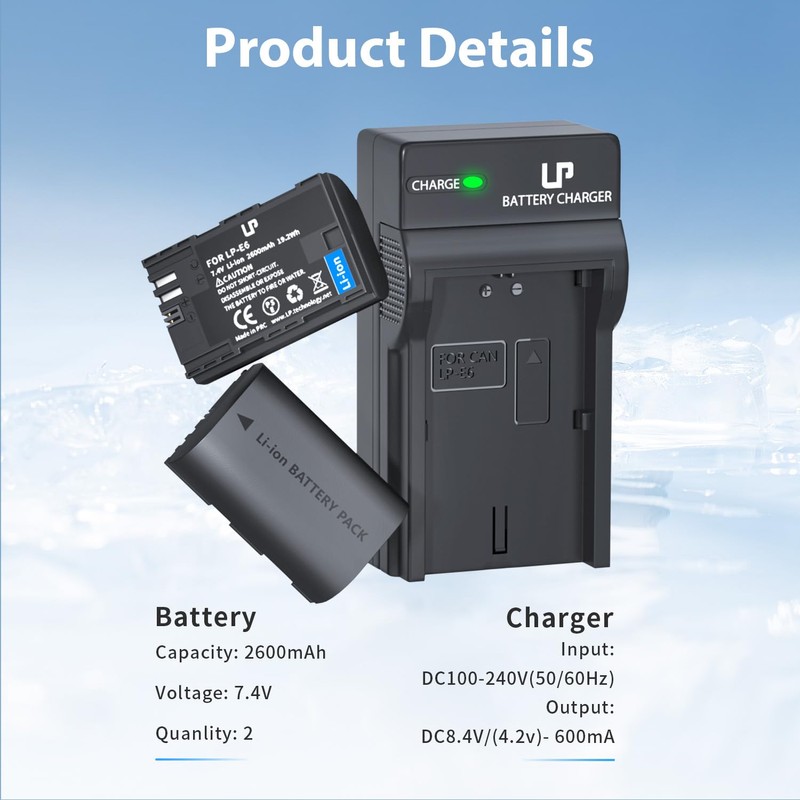 LP LP-E6 LP-E6N Battery and Charger Pack, 2-Pack 2600mAh Battery