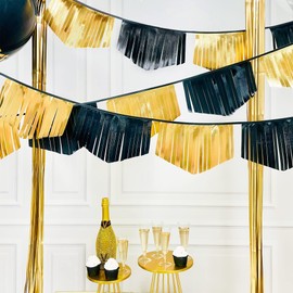 Black and Gold Tassel Banner Double Sided Metallic Fabric Bunting Flag Garland for Graduation Anniversary Bachelorette Birthday Wedding Bridal Shower Hen Party Decorations Accessories