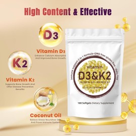 2-in-1 Vitamin D3 K2 Supplement Softgel, 10000 IU VIT D3 + 200 MCG Vitamin K2, 180 Pcs Gels Riched Microingredients Vitamin D3 k2, Free of GMO, Gluten, Soy for Men Women