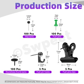 Swpeet 310Pcs Black Push Pins Set, Including Thumb Tacks, Push Pin Hooks, Pushpin Clips, Decorative Push Pins and Map Tacks, 5 Style Black Office Accessories Ideal for Map Office