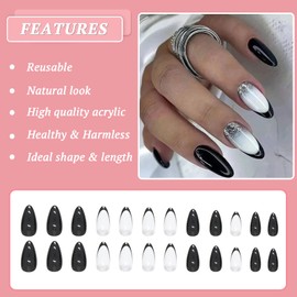 Ceboic 24 Pcs French False Nails, Almond Press on Nails Medium Length Glossy Black White Fake Nail with Glue Stickers, Shiny Acrylic Stick on Nail Tips for Women Girls Nails Art Decorations