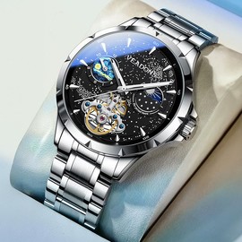 Men's high-end automatic mechanical watch: Dual time zone display, starry sky dial design, metal strap, waterproof and luminous, suitable for daily, business and fashionable wear. - Color: blue