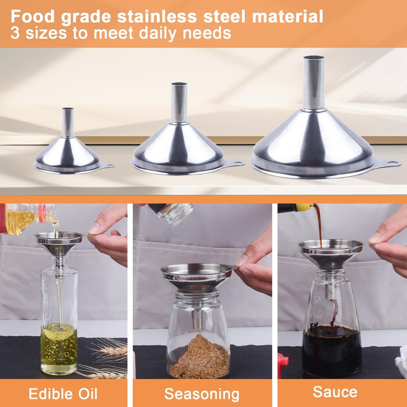 Jotia 4Pcs Stainless Steel Kitchen Funnel Set with Brush, 3
