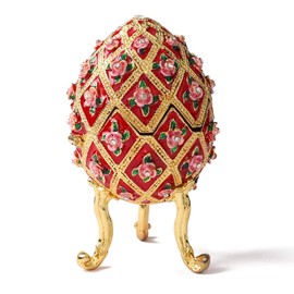 Furuida Faberge Egg Style Flower Enamel Jewelry Trinket Box Hinged Victorian Ornaments Gift for Home Decor (Red)