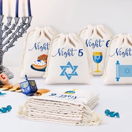 LOONELO Hanukkah Burlap Gift Bags, 8pcs Reusable Festival of Lights Chanukah Treat Goodie Bags with Drawstrings, Menorah Dreidel Candlestick Design Candy Cookie Packing Pouches for Jewish Holiday