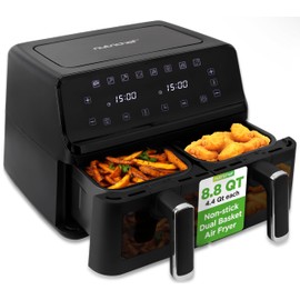 NutriChef Double Basket Air Fryer 8.8 QT | Family Size Oil Free Digital Cooker with Transparent Window | 9-1 Preset Cooking Options | 360° Hot Air Circulation Technology | 4.4 QTs per Basket | Black