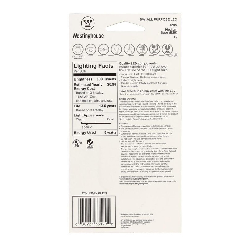 Westinghouse 3319900 60-Watt Equivalent T7 Bright White LED Light Bulb
