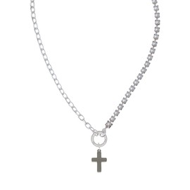 Delight Jewelry Stainless Steel 5/8" Cross - Stronger Braver Smarter Mixed Cable and Imitation Pearl Chain Choker Necklace, 14.75-17"
