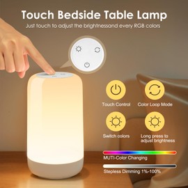 COOLNIGHT Touch Lamps for Nightstand Lamp, Multi-Color RGB Cordless Table Lamp,Dimmable Small Lamp for Nightstand,Cordless Lamps Rechargeable Battery Powered Lamp,Mini Lamp Mood Lighting Bedside Lamps