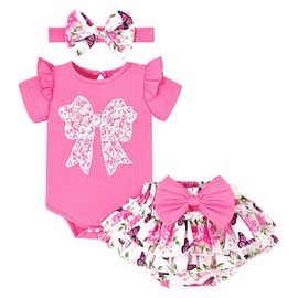 18 Months Girl Clothes Baby Summer Outfits Cute Bow Romper Ruffle Sleeve Infant Flower Dress Shorts Set with Headband Rose Red