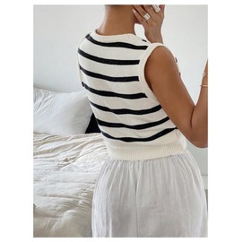 GORGLITTER Women's Striped Button Up Cropped Sweater Vest Sleeveless V Neck Boho Knitted Tank Tops Black and White Small