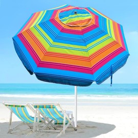 ROFFT 7 Ft Heavy Duty High Wind Beach Umbrella, Parasols with sand anchor & Tilt Sun Shelter, UV 50+ Protection Outdoor Sunshade, Umbrellas Carry Bag for Patio, Garden, Pool, Backyard