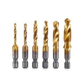 Drill Tap, Carbide Drill Bit, Hexagonal Shaft, Set of 6, Titanium-Gold, Chamfering Taps, Multi-functional, Drilling, Threading, Taps, Spiral, HSS High Speed Steel, M3, M4, M5, M6, M8, M10, Tap Drill