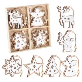 Adorfine Pack of 12 Wooden Christmas Tree Decorations, Double-Layer Christmas Ornaments, Christmas Tree Decorations, Wooden Christmas Tree Ornaments, Decorations for Christmas Calendar, Decoration, White