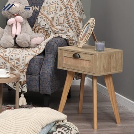 MAISON ARTS Nightstand Set of 2 with Drawer Bed Side Table with Storage Rattan Sofa Couch End Table with Solid Wood Legs Square Side Table for Bedroom, Living Room, Easy to Assemble