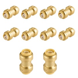 (Pack of 10) Foskan Push Fit Fittings, 1/2" x 1/2" Brass Straight Coupling With Disconnect Clip, Push to Connect PEX, Copper, CPVC Pipes for Pipe Repairs & Projects