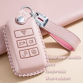 HIBEYO Luxury Leather Key Fob Cover for Car Key Holder with Keychains Accessories-Pink