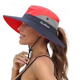 Sombrero para mujer con protección UV para el sol, plegable, malla de ala ancha, playa, pesca, cola de caballo, Marino, Navyl