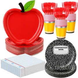 NKPDAXM 96Pcs Back to School Party Supplies, First Day of School Decorations with Apple Plates, Composition Book Plates, Napkins, Cups, Forks for Back to School Decorations Classroom Party, Serves 24