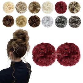 FeidyLong 2 PCS Messy Bun Hair Piece Wavy Curly Scrunchies Synthetic Chignon Ponytail Hair Extensions Thick Updo Hairpieces for Women Girls(Dark Red)