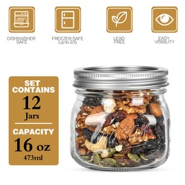 Ieavier 12PCS Wide Mouth Mason Jars 16oz with Airtight Lids and Bands, Canning Jars with Crystal Glass for Food Storage, Spice Jars, Canning, DIY Projects, Jam, Jelly, Honey, Preserving, Drinking