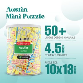 Geotoys Austin Mini City Puzzle - 100 Piece Puzzles for Kids and Adults in Portable Can, 13" x 10" Educational Travel Puzzle for Ages 7 and Up - Mini Puzzles to Learn & Explore Geography