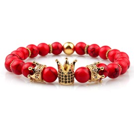 GVUSMIL Imperial Luxury Crown Natural Gemstone Beads Bracelet Charm Royal Jewelry for Women Men (Red Turquoise)