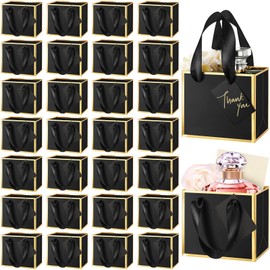 Yeaqee 50 Pcs Mini Metallic Foil Paper Gift Bag with Handle 4x4.75x2.25'' Extra Small Thank You Favor Bag with Tag for Graduation Birthday Party Goodies Wedding Bridal Baby Shower(Black, Gold)