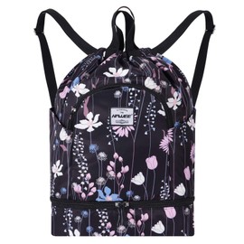 HAWEE Dry Wet Drawstring Backpack with Shoe Compartment for Women/Men/Girls/Boys Waterproof Yoga String Bag Outdoor Sports Rucksack for Gym/ Beach/ Swim Pool, Dreamy Flower