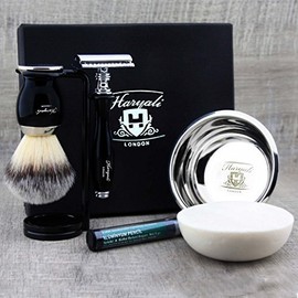 5-piece shaving set with synthetic badger shaving brush, safety razor + double stand for both, stainless steel bowl & premium soap + free aluminium stick - great gift for him