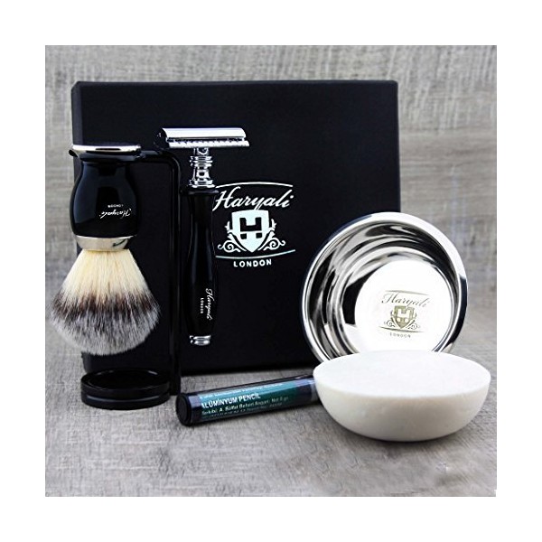 5-piece shaving set with synthetic badger shaving brush, safety razor + double stand for both, stainless steel bowl & premium soap + free aluminium stick - great gift for him