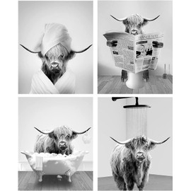 QPLGTU Bathroom Home Background Wall Decoration Poster, Black and White Highland Livestock Animal Decoration Photos Wallpaper, Funny Animal Print Poster, Frameless (Bathroom Animal 6, 30 x 40 cm x 4)