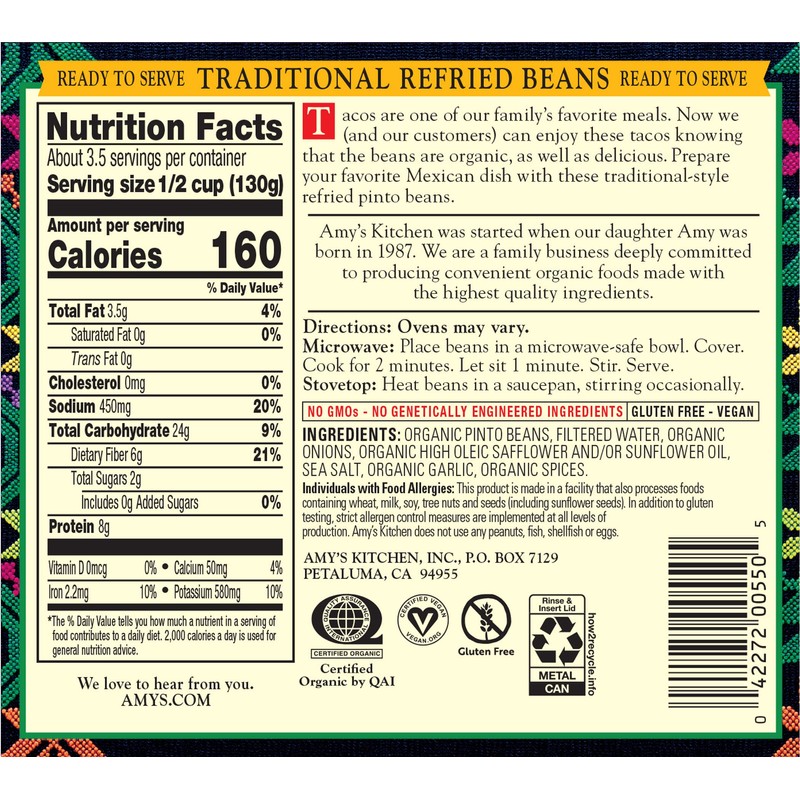 Amy's, Refried, Pinto Beans, Gluten Free, Organic, Vegetarian, Traditional, 15.4