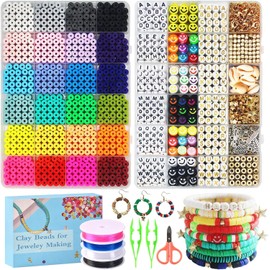 Cuentas para Pulseras, 6000 Kit para Hacer Pulseras Cuentas De Arcilla para Pulseras, Cuentas para Hacer Pulseras y Collares con Cuerda, Pinzas y Tijeras Pequeñas, Cuentas de Letras Regalo