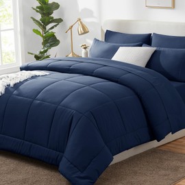 CozyLux California King Size Comforter Set Blue - 7 Pieces Bed in a Bag Set Navy Blue, Bedding Sets Cal King with All Season Quilted Comforter, Flat Sheet, Fitted Sheet, Pillowcases