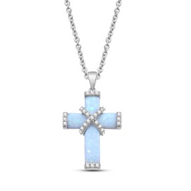 Jewelili Sterling Silver Cross Pendant Necklace for Women | Created Opal & Round White Sapphire | 19" Cable Chain | Luxury Jewelry Gift for Her | Gift Box Included