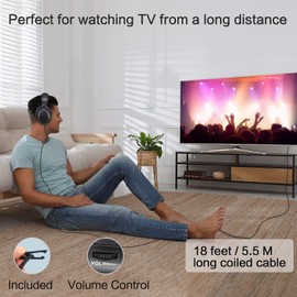 SIMOLIO Long Cable Headphones for TV with Volume Amplified & Clear Dialogue, 18ft/5.5M Long Coil Cord, Over Ear Wired TV Headphones for Seniors w/Volume Control & Clip, 40 Hrs Playtime