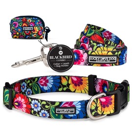 Lucky Love Dog Adjustable Collar, Leash & Waste Bag Holder Floral Set - Comfortable Collar, Easy Click Buckle, Strong & Durable Leash for Small to Large Dogs, Cute Poop Bag Holder - Blackbird, Medium
