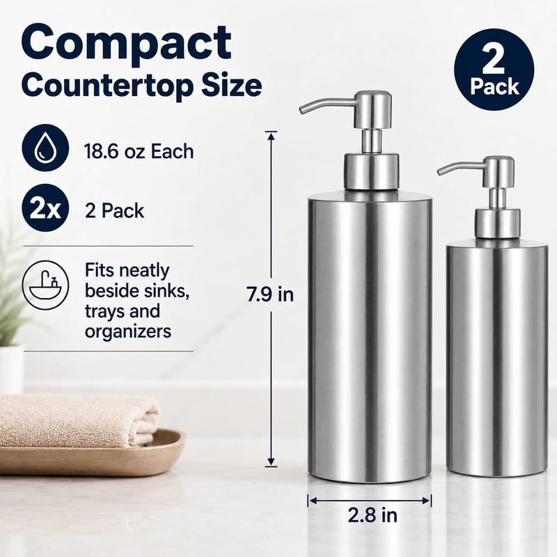 2 Pack Stainless Steel Soap Dispenser, 18.6 oz, Silver