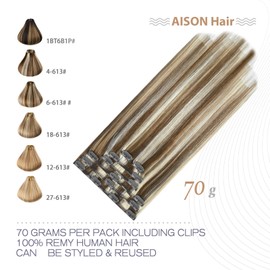 Clip in Hair Extensions Real Human Hair 70G Light Brown to Blonde Highlights 100% Remy Human Hair Extensions Straight 7pcs 16clips 7pcs 16clips(15 Inch #6P613)