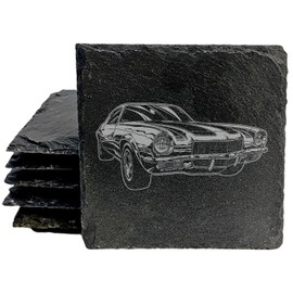 Rustic Slate Coasters Set | Laser-Etched 1970's Camaro Image | Vintage Car Drink Mats - Square Slate - set of 4