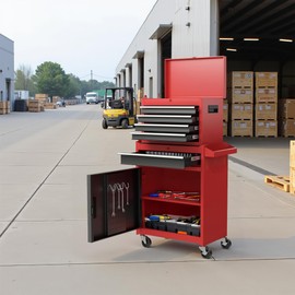 Osparple Rolling Tool Chest 5 Drawers Tool Box Garage Storage Cabinet Steel Frame 2 in 1 Tool Cart with Universal Lockable Wheels, Detachable Top and Adjustable Shelf for Garage, Red