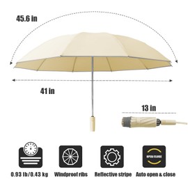 Fogkey Compact Travel Umbrella, Portable Reverse Folding Car Umbrella, Large Windproof and Waterproof Inverted Umbrella, Automatic, 10 Ribs, KHAKI