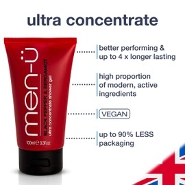men-u Shower Gel Black Pepper Ultra Concentrate Formula - Longer Lasting High Performance Travel Vegan Environmentally Friendly Shower Gel 100 ml Bergamot